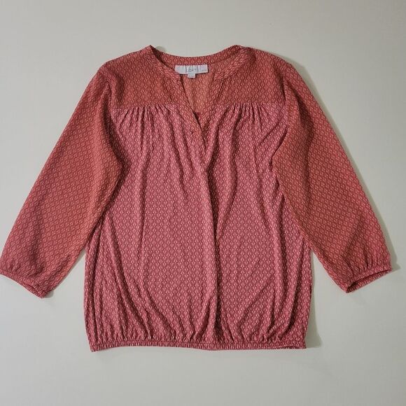 LOFT Tops - Loft Women's Mixed Media Rust Print V-neck 3/4 Length Sleeve Pullover Top